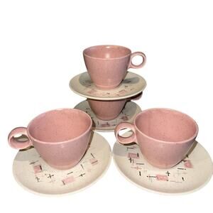 8pc Set Vernon Ware Tickled Pink Tea Coffee Cup Plates Saucers Speckled 50s MCM